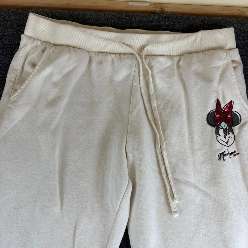 Disney Minnie Mouse Sweatpants Womens‎ 35x26 Cream Red Sequin Bow Tapered Leg